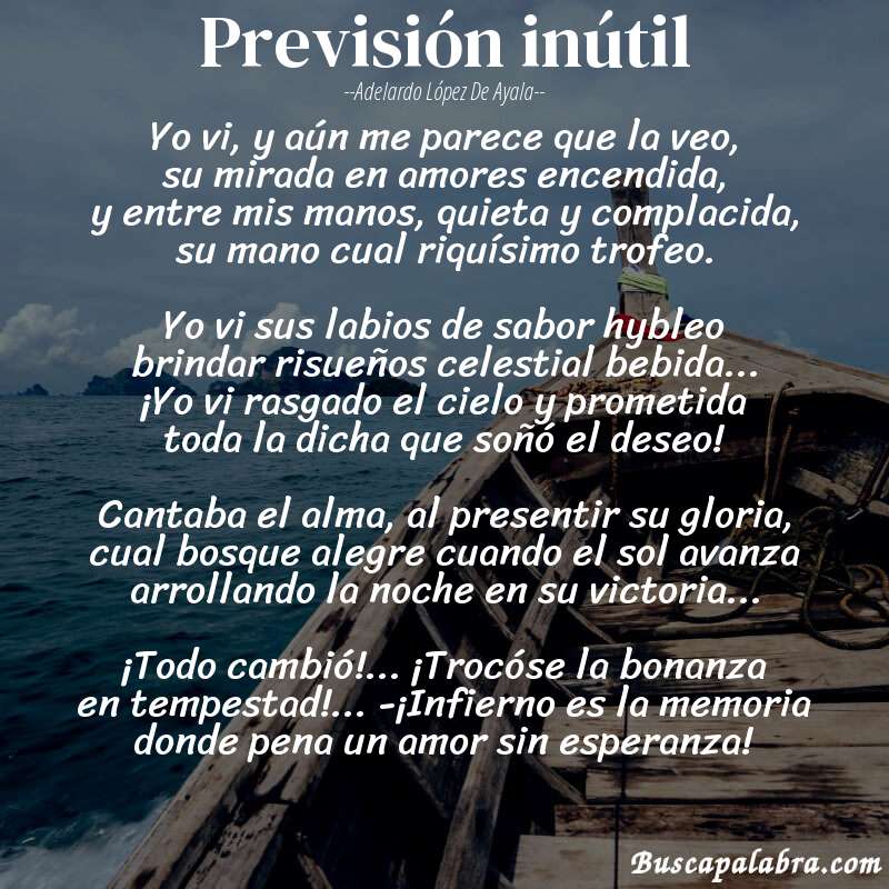 Poema Previsión inútil de Adelardo López de Ayala con fondo de barca