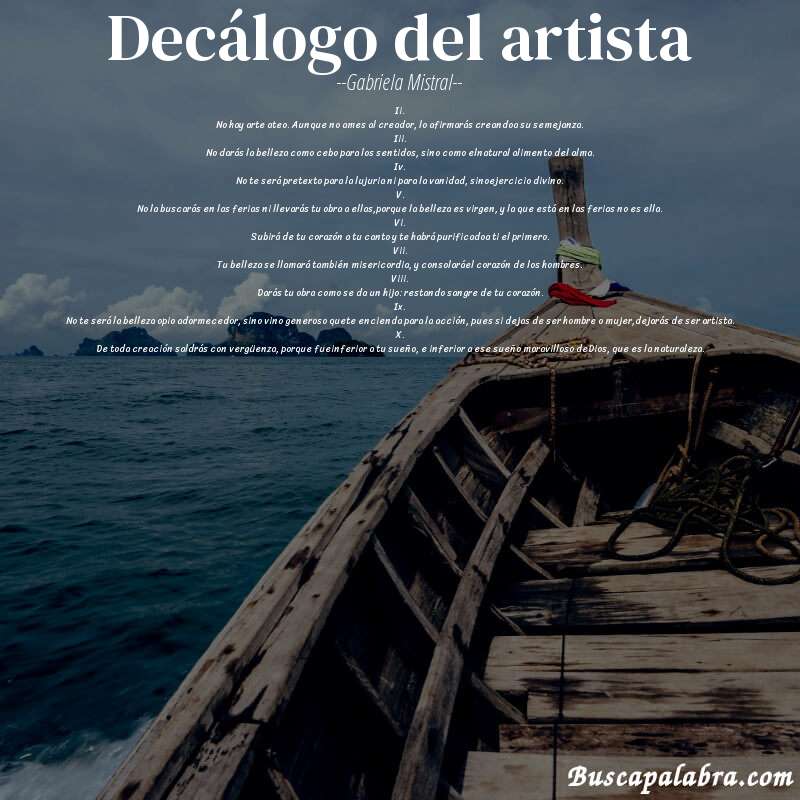Poema decálogo del artista de Gabriela Mistral con fondo de barca