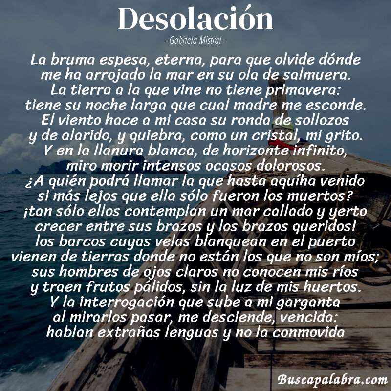 Poema desolación de Gabriela Mistral con fondo de barca