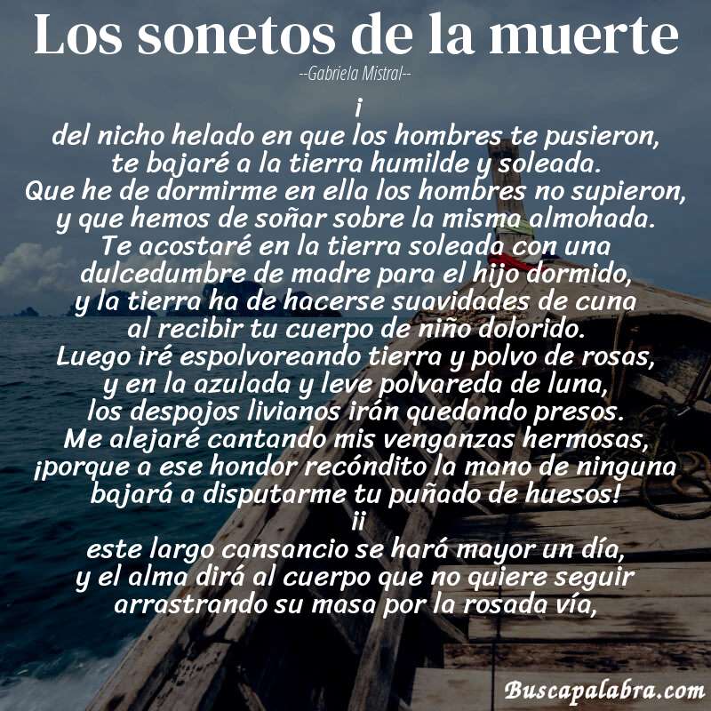 Poema los sonetos de la muerte de Gabriela Mistral con fondo de barca