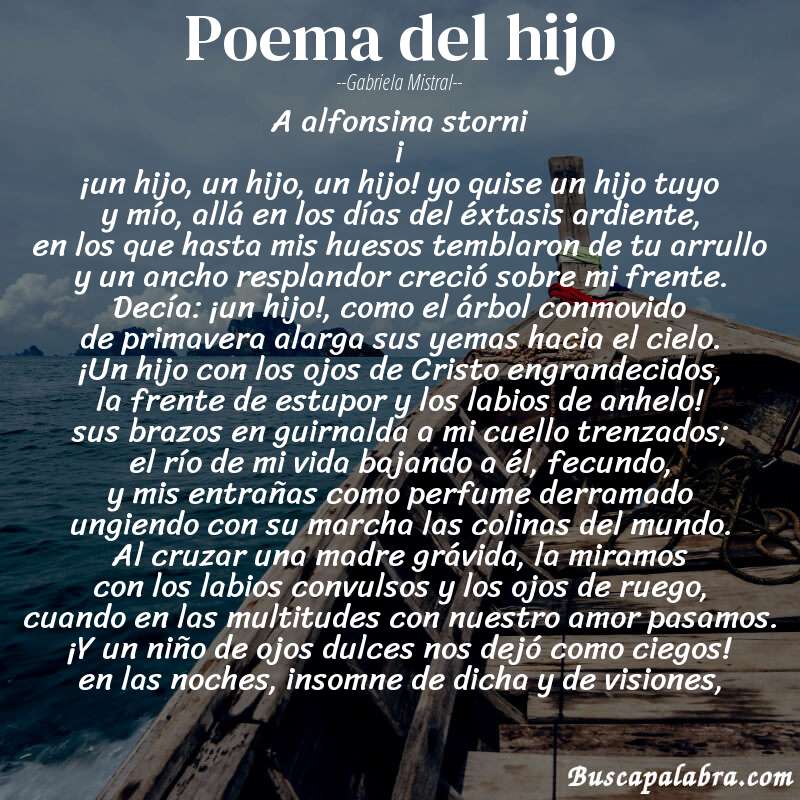 Poema poema del hijo de Gabriela Mistral con fondo de barca