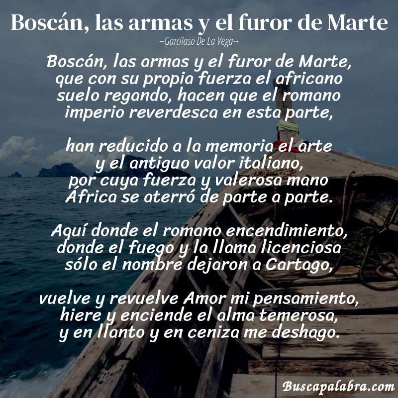 Poema Boscán, las armas y el furor de Marte de Garcilaso de la Vega con fondo de barca