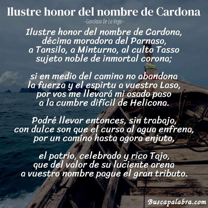 Poema Ilustre honor del nombre de Cardona de Garcilaso de la Vega con fondo de barca