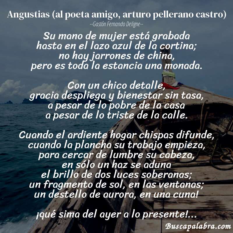 Poema angustias (al poeta amigo, arturo pellerano castro) de Gastón Fernando Deligne con fondo de barca