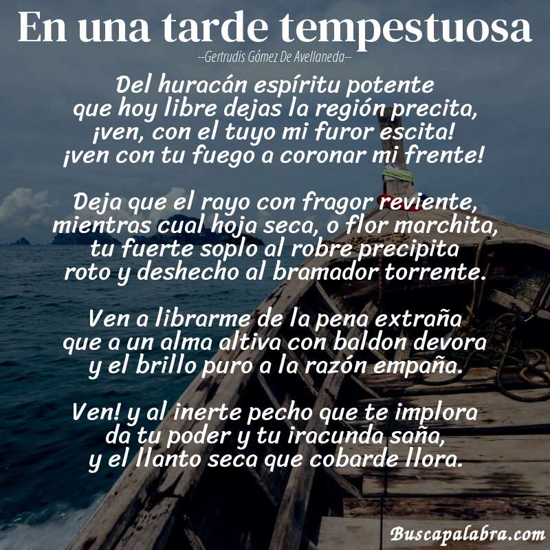 Poema En una tarde tempestuosa de Gertrudis Gómez de Avellaneda con fondo de barca