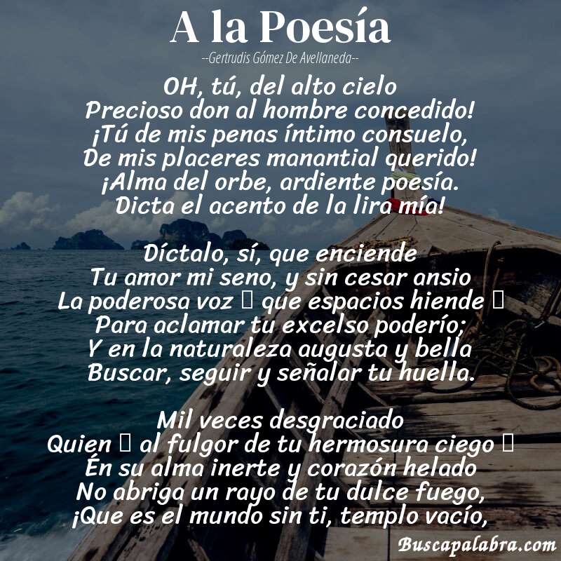 Poema A la Poesía de Gertrudis Gómez de Avellaneda con fondo de barca