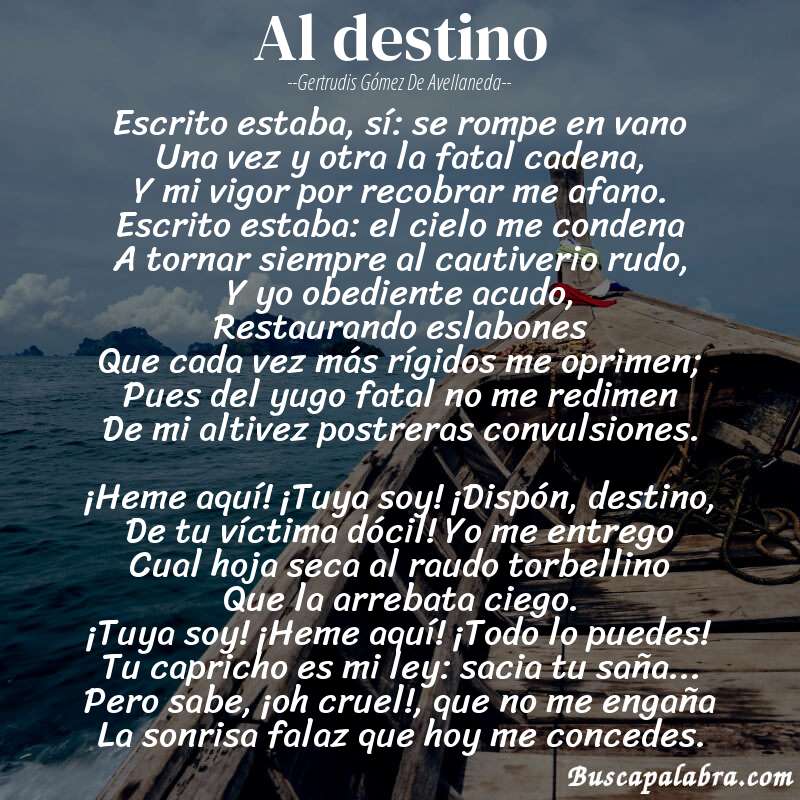 Poema Al destino de Gertrudis Gómez de Avellaneda con fondo de barca