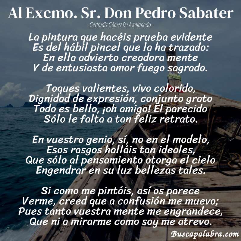 Poema Al Excmo. Sr. Don Pedro Sabater de Gertrudis Gómez de Avellaneda con fondo de barca