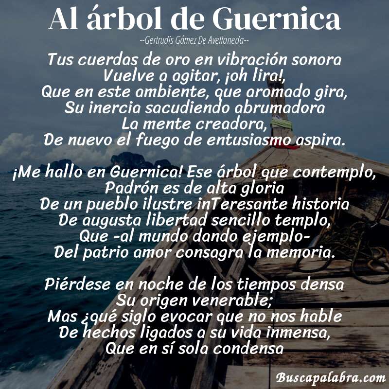 Poema Al árbol de Guernica de Gertrudis Gómez de Avellaneda con fondo de barca