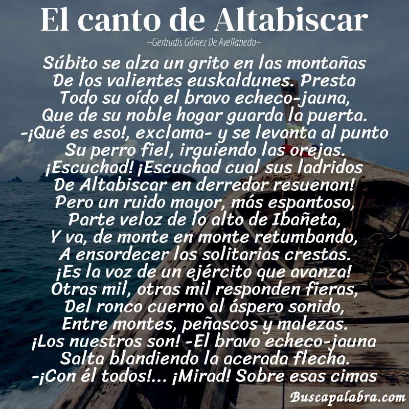 Poema El canto de Altabiscar de Gertrudis Gómez de Avellaneda con fondo de barca