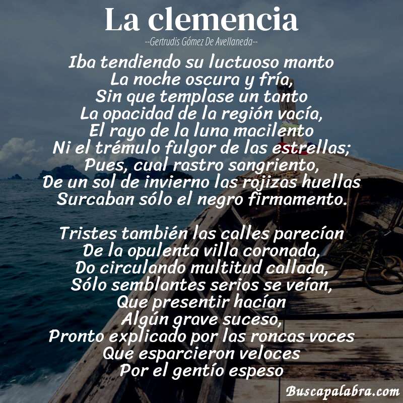 Poema La clemencia de Gertrudis Gómez de Avellaneda con fondo de barca
