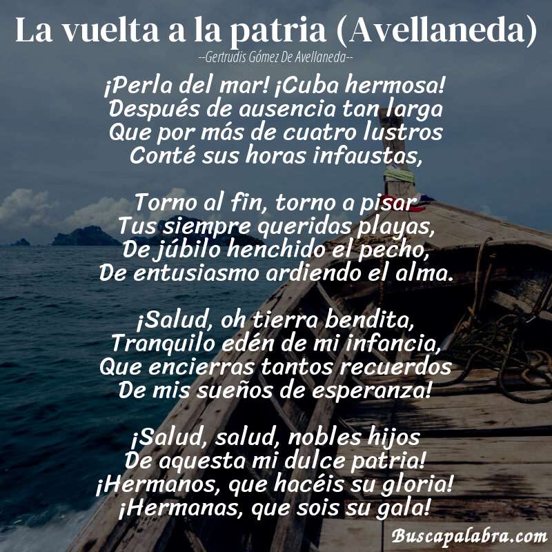 Poema La vuelta a la patria (Avellaneda) de Gertrudis Gómez de Avellaneda con fondo de barca