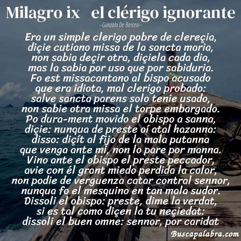 Poema milagro ix   el clérigo ignorante de Gonzalo de Berceo con fondo de barca