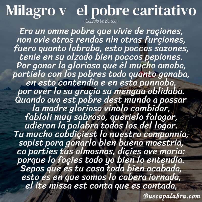 Poema milagro v   el pobre caritativo de Gonzalo de Berceo con fondo de barca