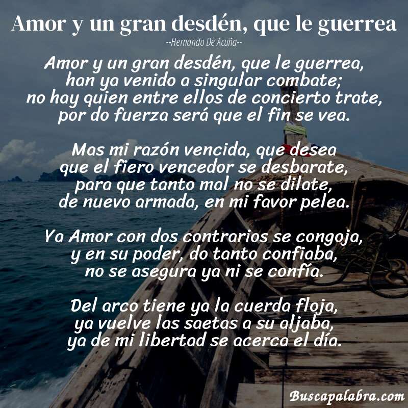 Poema Amor y un gran desdén, que le guerrea de Hernando de Acuña con fondo de barca