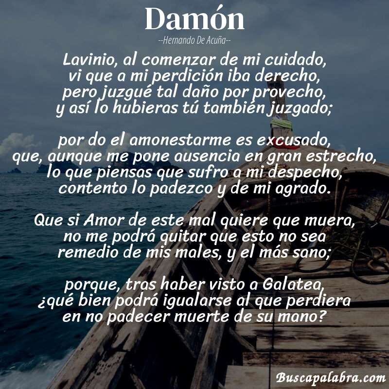 Poema Damón de Hernando de Acuña con fondo de barca