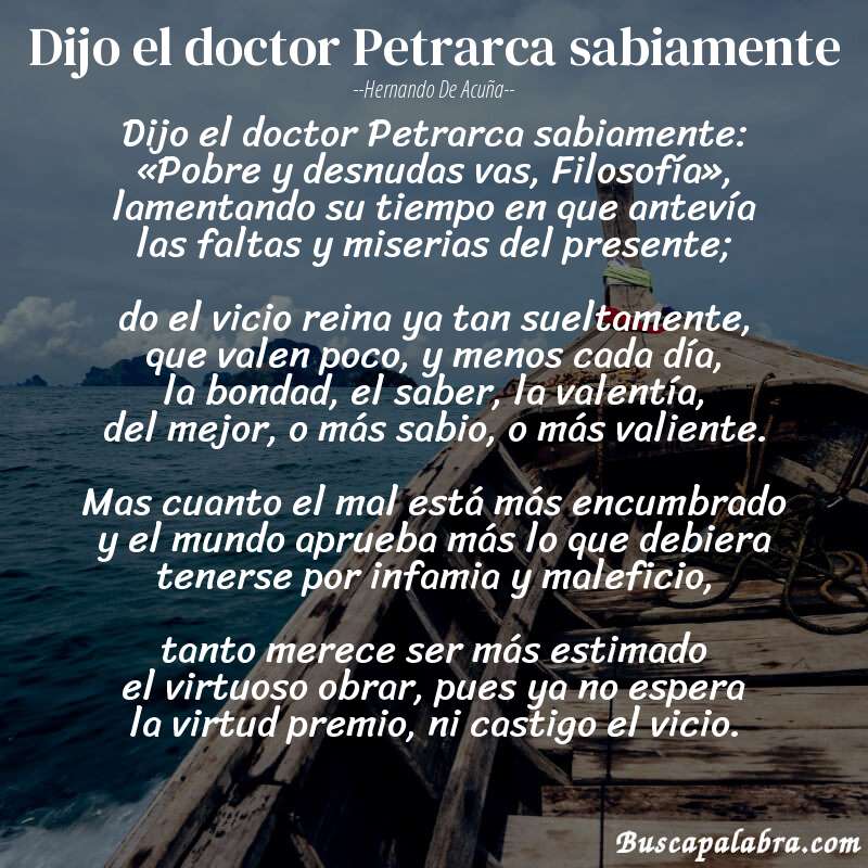 Poema Dijo el doctor Petrarca sabiamente de Hernando de Acuña con fondo de barca