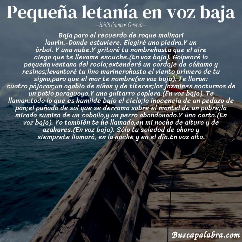 Poema pequeña letanía en voz baja de Hérib Campos Cervera con fondo de barca