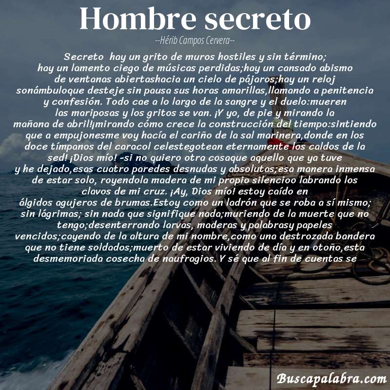 Poema hombre secreto de Hérib Campos Cervera con fondo de barca