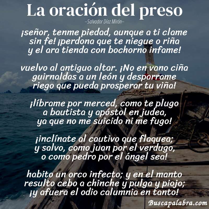 Poema la oración del preso de Salvador Díaz Mirón con fondo de barca