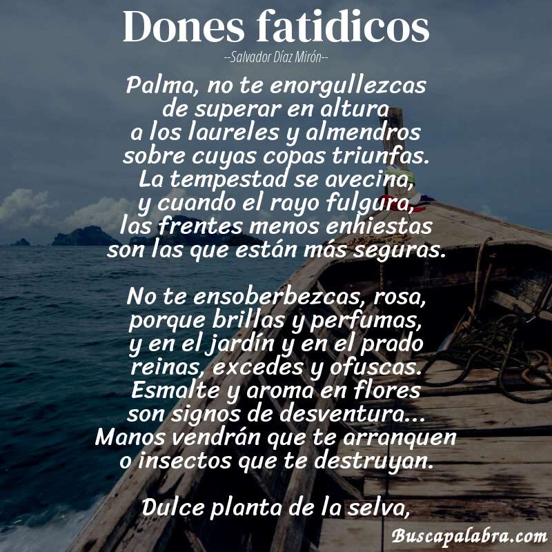 Poema dones fatidicos de Salvador Díaz Mirón con fondo de barca
