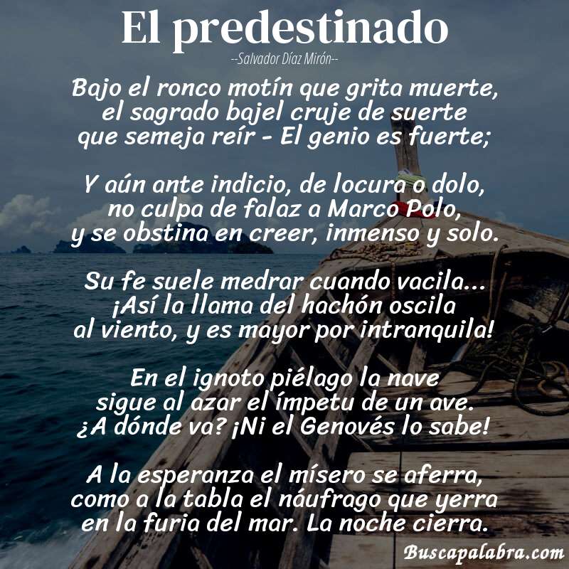 Poema El predestinado de Salvador Díaz Mirón con fondo de barca