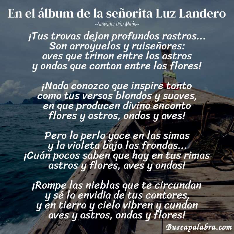 Poema En el álbum de la señorita Luz Landero de Salvador Díaz Mirón con fondo de barca