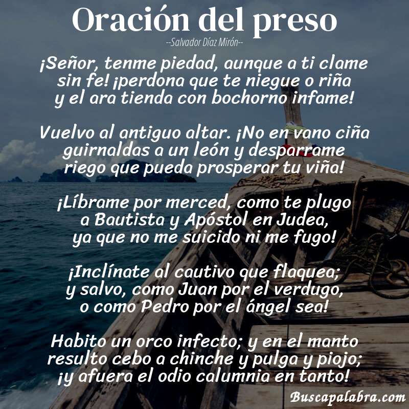Poema Oración del preso de Salvador Díaz Mirón con fondo de barca