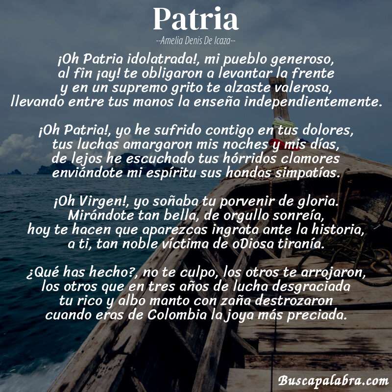 Poema Patria de Amelia Denis de Icaza con fondo de barca