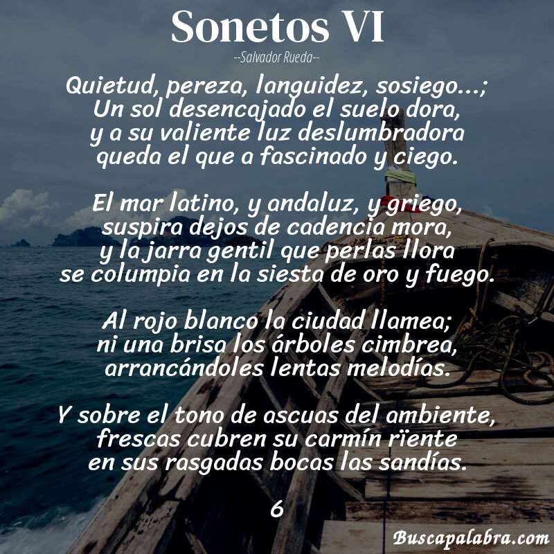Poema sonetos VI de Salvador Rueda con fondo de barca