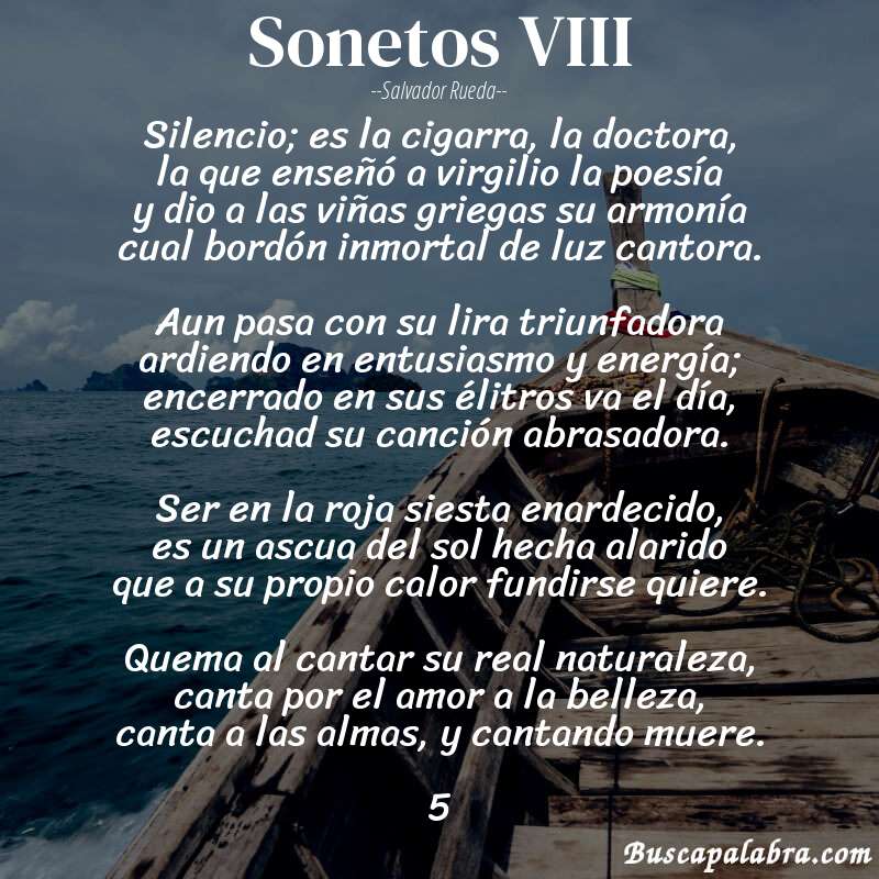 Poema sonetos VIII de Salvador Rueda con fondo de barca
