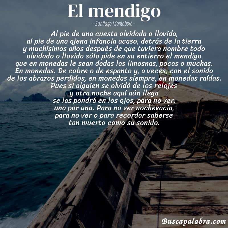 Poema el mendigo de Santiago Montobbio con fondo de barca