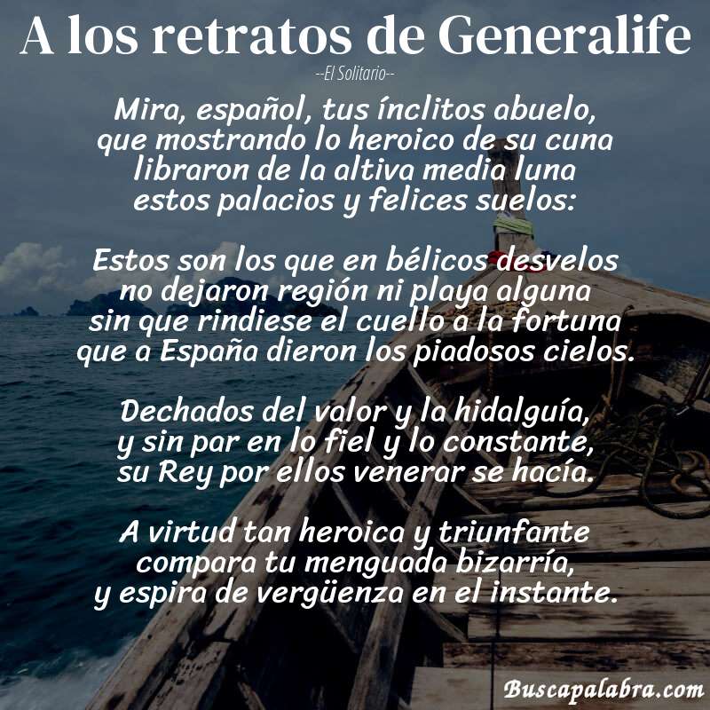 Poema A los retratos de Generalife de El Solitario con fondo de barca