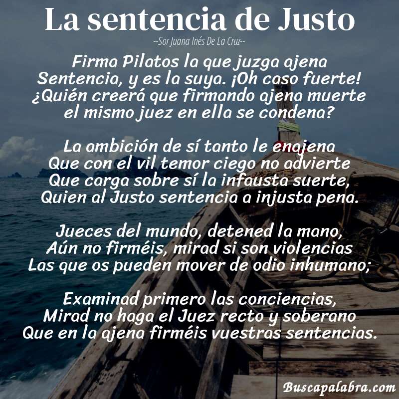 Poema La sentencia de Justo de Sor Juana Inés de la Cruz con fondo de barca