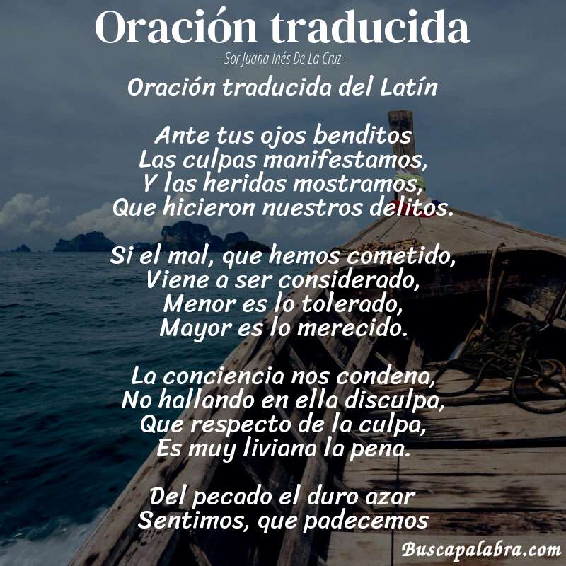 Poema Oración traducida de Sor Juana Inés de la Cruz con fondo de barca