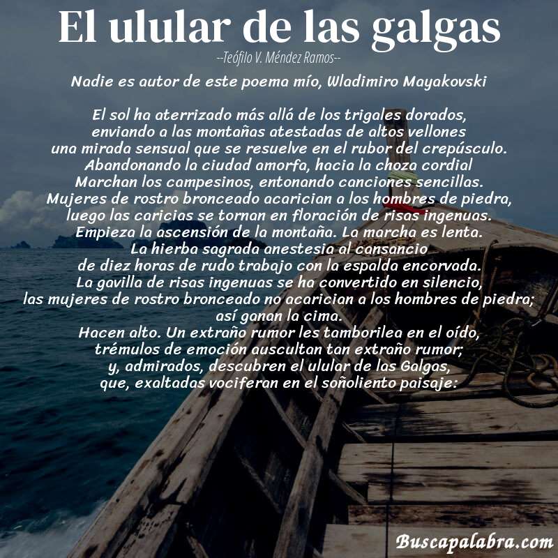Poema El ulular de las galgas de Teófilo V. Méndez Ramos con fondo de barca