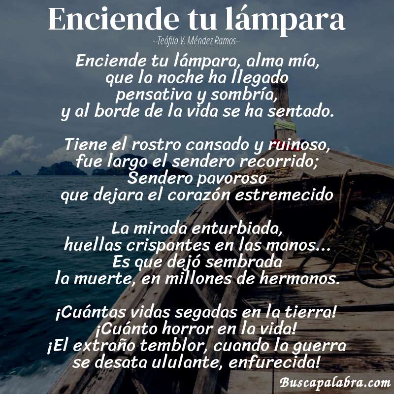 Poema Enciende tu lámpara de Teófilo V. Méndez Ramos con fondo de barca