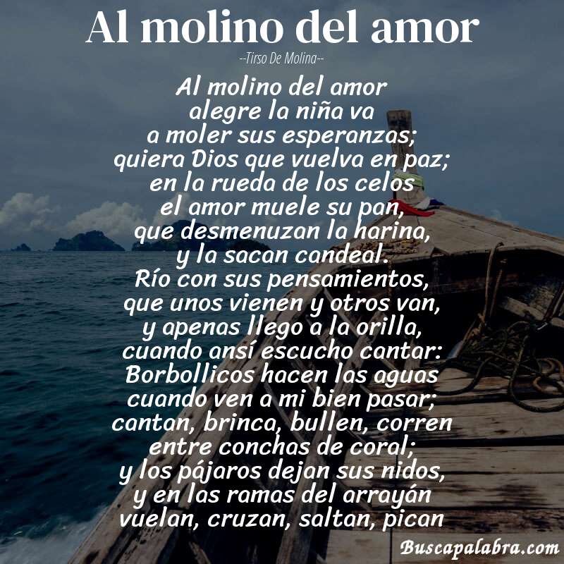 Poema Al molino del amor de Tirso de Molina con fondo de barca