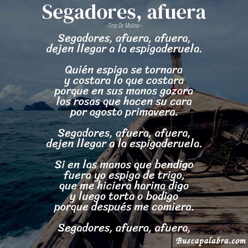 Poema Segadores, afuera de Tirso de Molina con fondo de barca