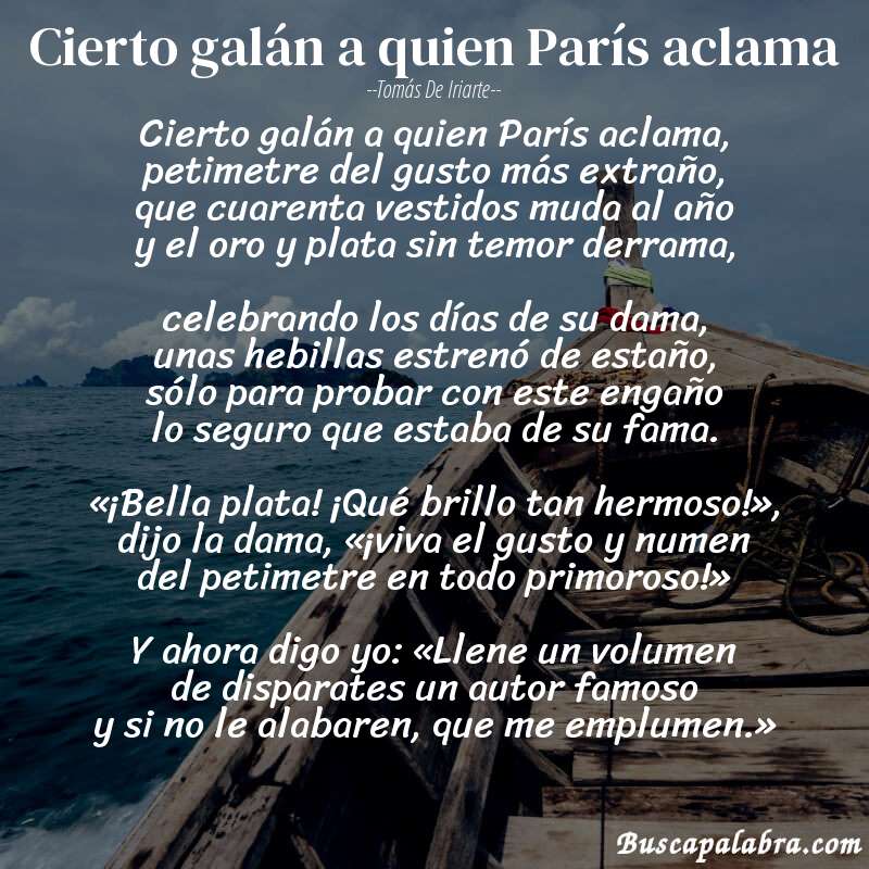 Poema Cierto galán a quien París aclama de Tomás de Iriarte con fondo de barca