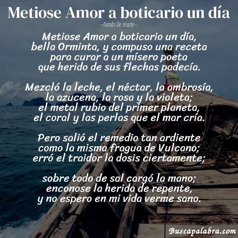 Poema Metiose Amor a boticario un día de Tomás de Iriarte con fondo de barca
