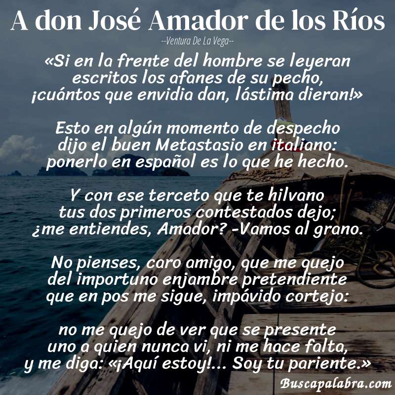 Poema A don José Amador de los Ríos de Ventura de la Vega con fondo de barca