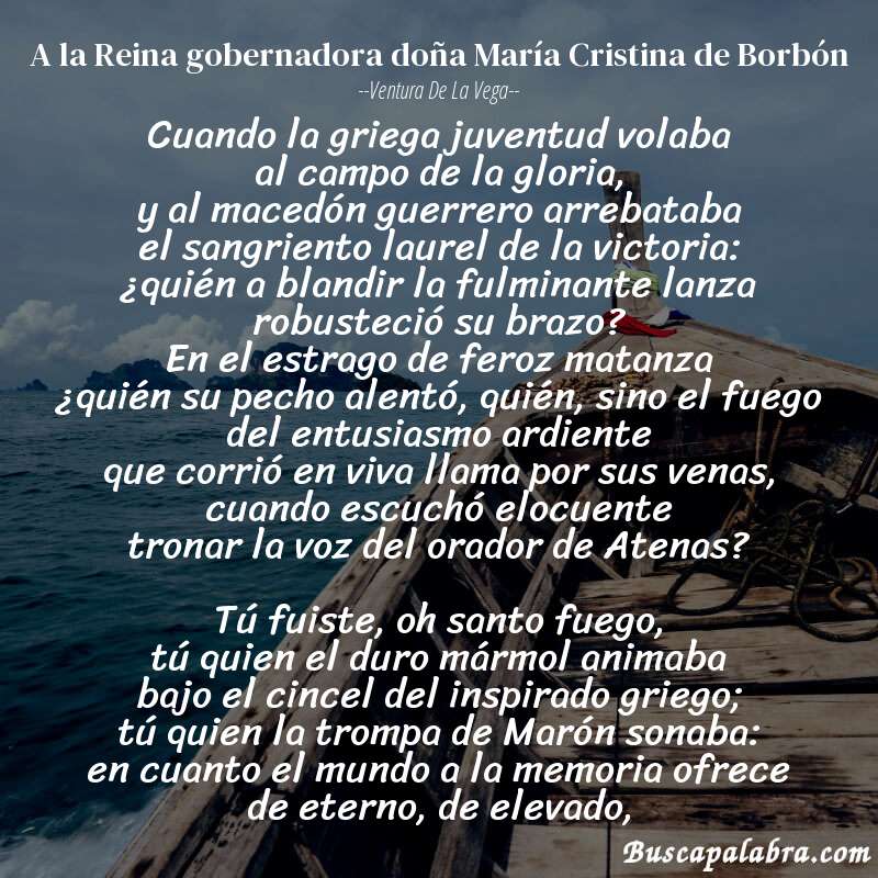 Poema A la Reina gobernadora doña María Cristina de Borbón de Ventura de la Vega con fondo de barca