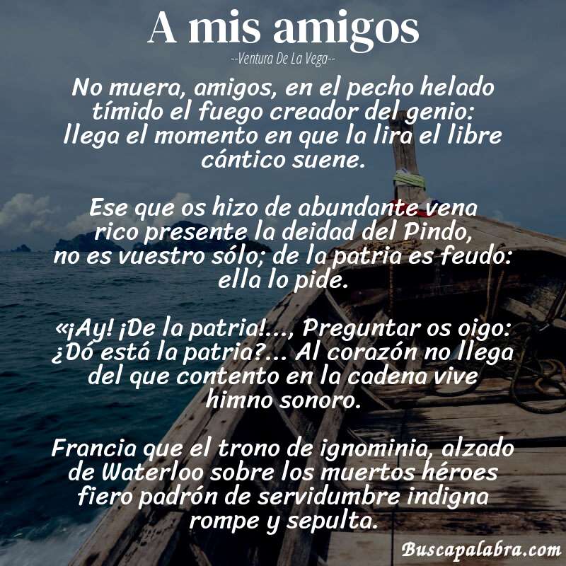 Poema A mis amigos de Ventura de la Vega con fondo de barca