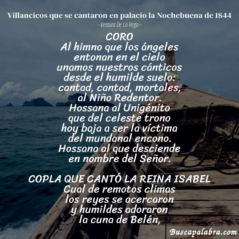 Poema Villancicos que se cantaron en palacio la Nochebuena de 1844 de Ventura de la Vega con fondo de barca