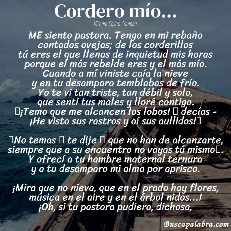 Poema Cordero mío... de Vicenta Castro Cambón con fondo de barca