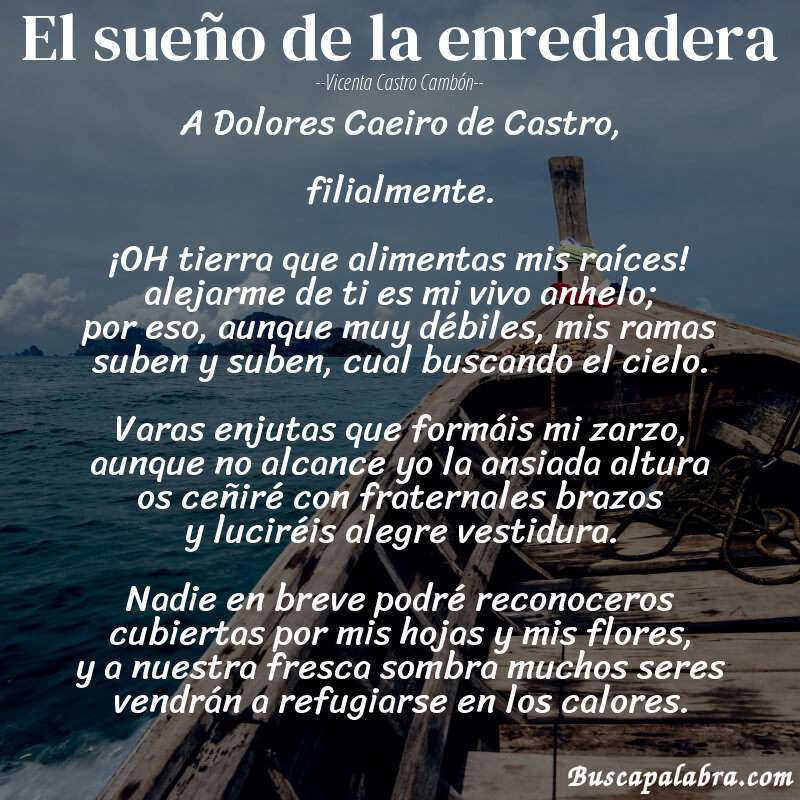Poema El sueño de la enredadera de Vicenta Castro Cambón con fondo de barca