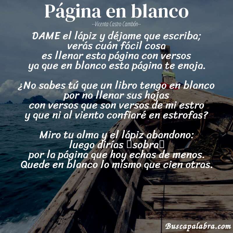 Poema Página en blanco de Vicenta Castro Cambón con fondo de barca