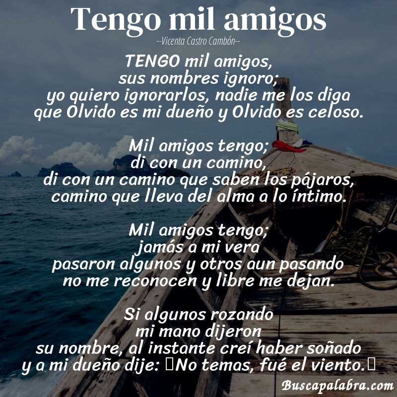 Poema Tengo mil amigos de Vicenta Castro Cambón con fondo de barca