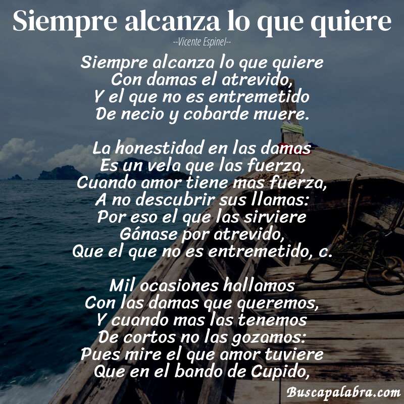 Poema Siempre alcanza lo que quiere de Vicente Espinel con fondo de barca
